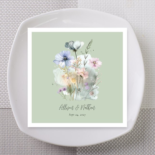 Personalised Light Sage Floral Wedding Napkin (Light sage watercolor anemone poppy wedding napkins with calligraphy and eucalyptus details.)