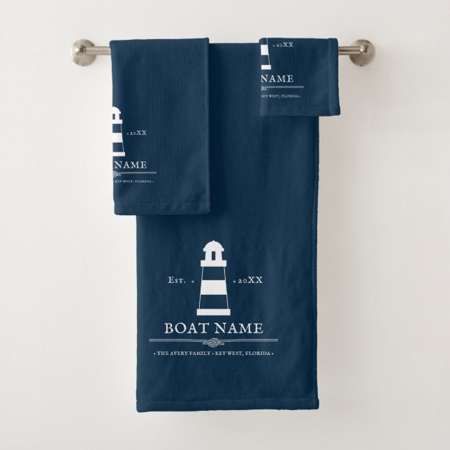 Personalised lighthouse Boat Name Blue Nautical Bath Towel Set (Insitu)