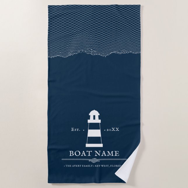 Personalised lighthouse Boat Nautical Blue Beach Towel (Front)