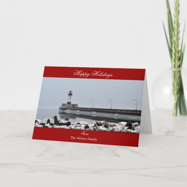 Personalised Lighthouse Happy Holidays Greeting Holiday Card (Front)