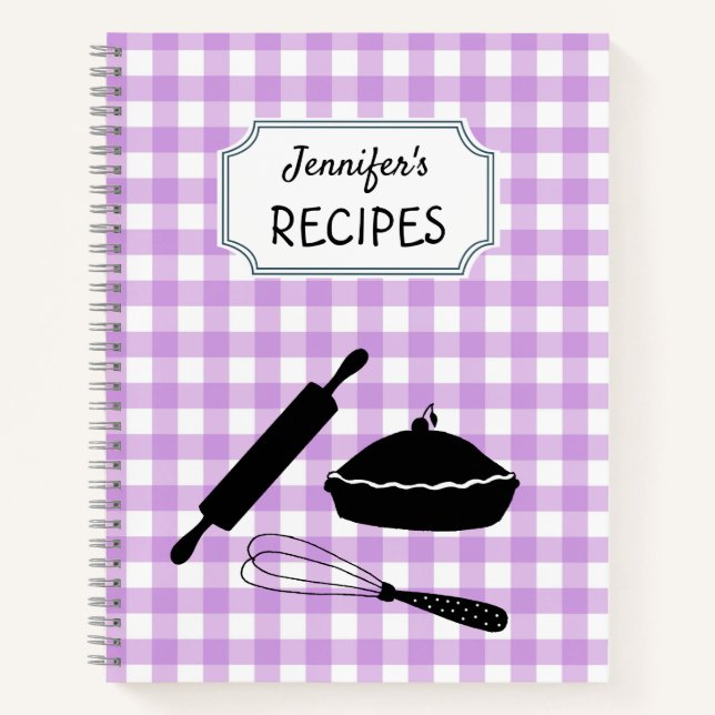 Personalised Lilac Gingham Plaid Pattern Recipe  Notebook (Front)