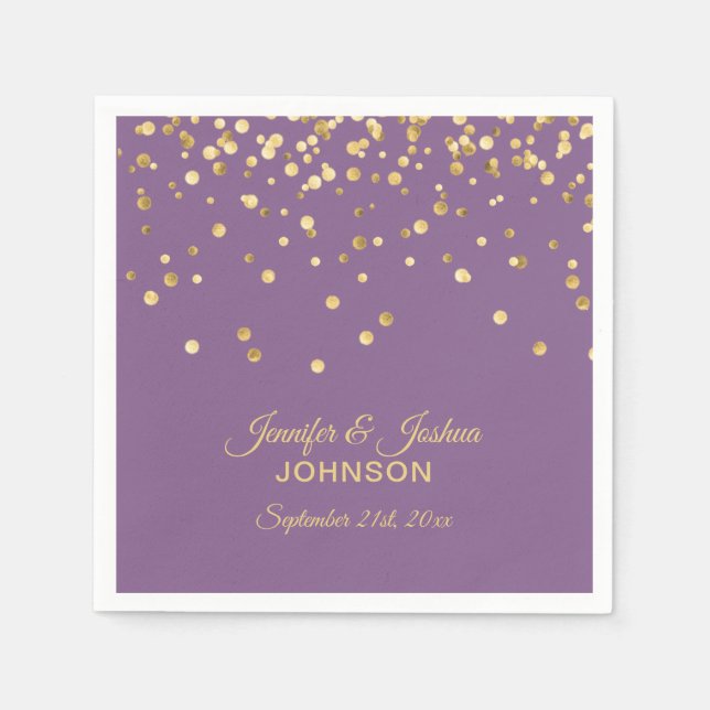 Personalised Lilac Purple Gold Confetti Wedding Napkin (Front)