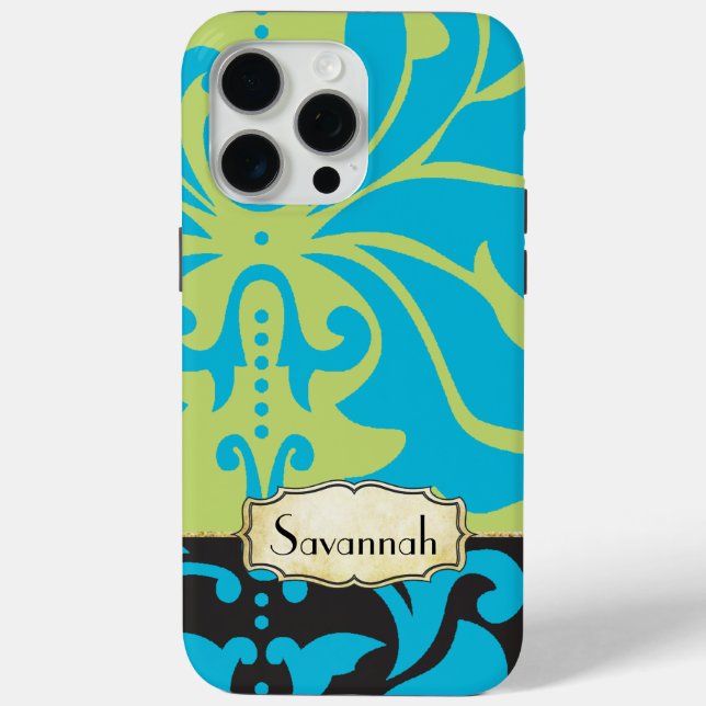 Personalised Lime Aqua Gold Damask Case-Mate iPhone Case (Back)