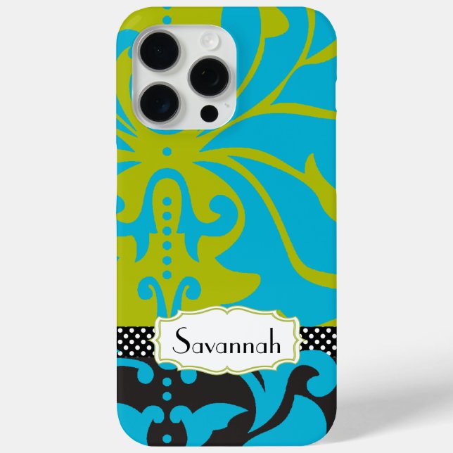 Personalised Lime Aqua Gold Damask iPhone 4 Case (Back)