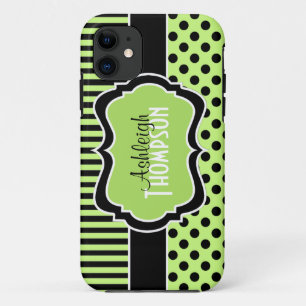 Personalised Lime, Black, White Striped Polka Dots iPhone 11 Case