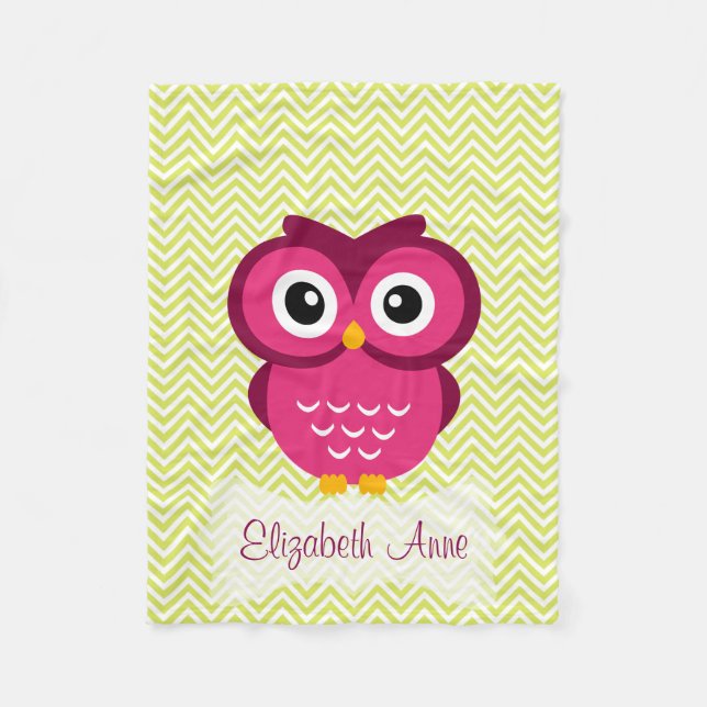 Personalised Lime Chevron Pink Owl Fleece Blanket (Front)