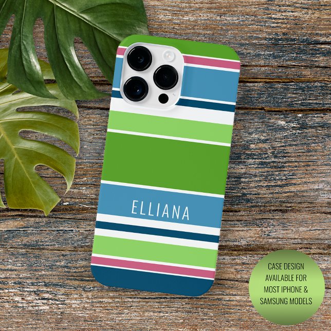 Personalised Lime Green Dark Blue Pink Stripe Art Case-Mate iPhone Case (Creator Uploaded)