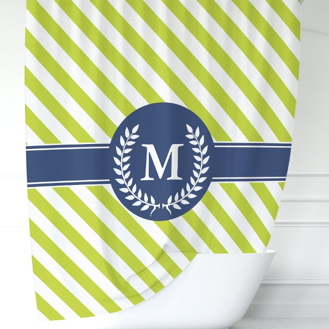 Personalised Lime Green & Navy Striped Monogram Shower Curtain (Creator Uploaded)