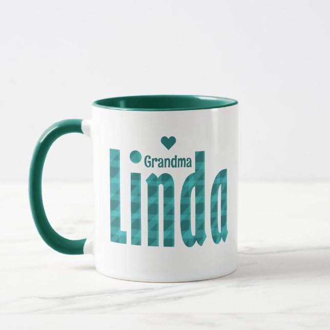Personalised "Linda" Name Teal Sea Green Plaid Art Mug (Left)