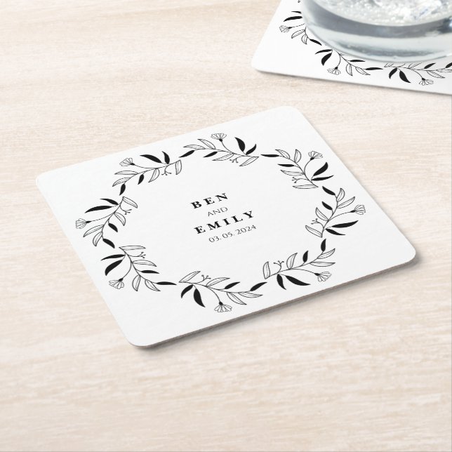 Personalised line drawing flower minimalist square paper coaster (Angled)