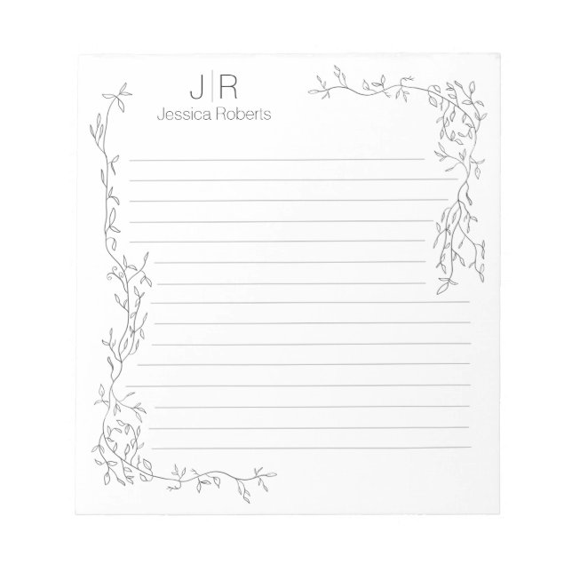 Personalised Lined Whimsical  Vines Monogram Name Notepad (Front)