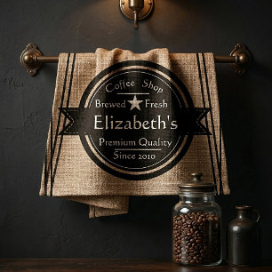 Personalised linen look coffee shop logo   tea towel
