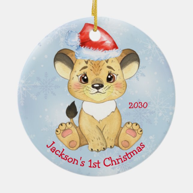 Personalised Lion 1st Christmas Baby Boy Blue Ceramic Tree Decoration (Back)