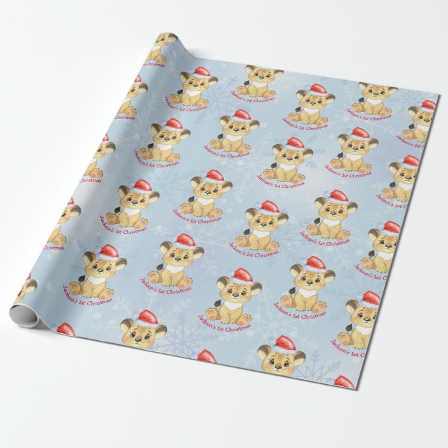 Personalised Lion 1st Christmas Baby Boy Blue  Wrapping Paper (Unrolled)