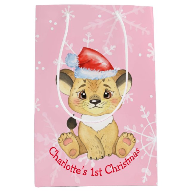 Personalised Lion 1st Christmas Baby Girl Pink Medium Gift Bag (Front)
