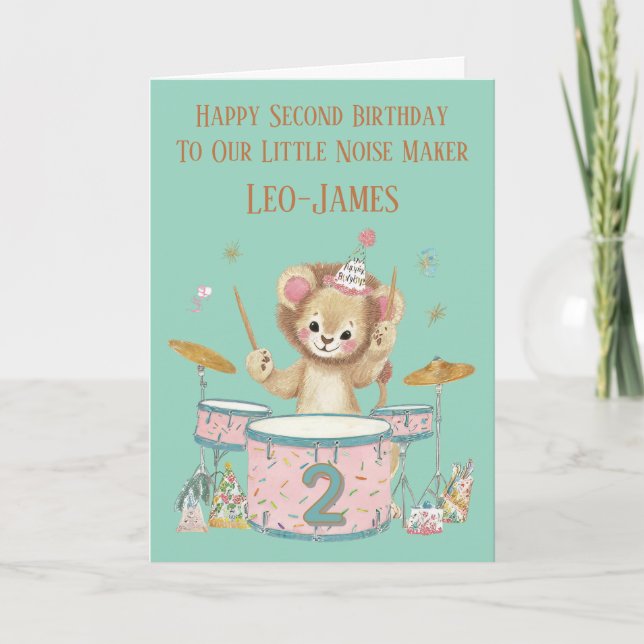 Personalised Lion Playing Drums 2nd Birthday Card (Front)