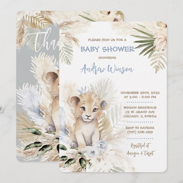 Personalised  Lion Prince Baby Shower Invitation (Front/Back)