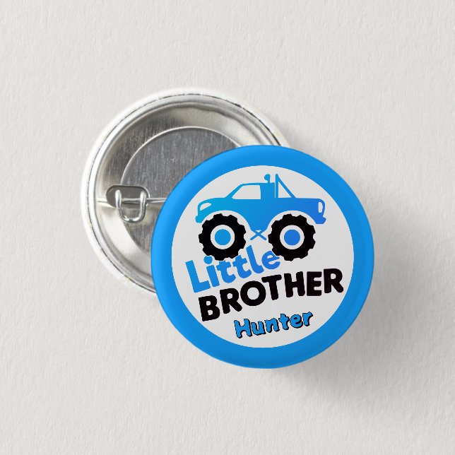 Personalised Little Brother Monster Truck Blue 3 Cm Round Badge (Front & Back)
