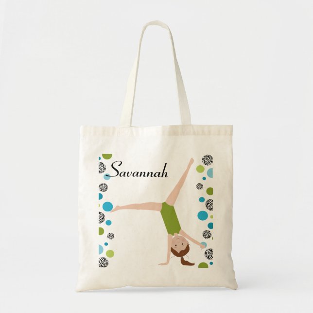 Personalised Little Brown Hair Gymnast in Green Tote Bag (Front)