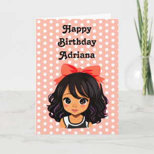 Personalised Little Cartoon Girl Coral Birthday Card