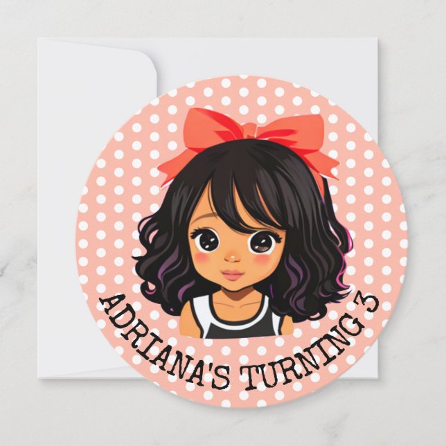 Personalised Little Cartoon Girl Coral Birthday Invitation (Front)