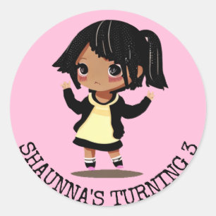 Personalised Little Cartoon Girl Pink Birthday Classic Round Sticker