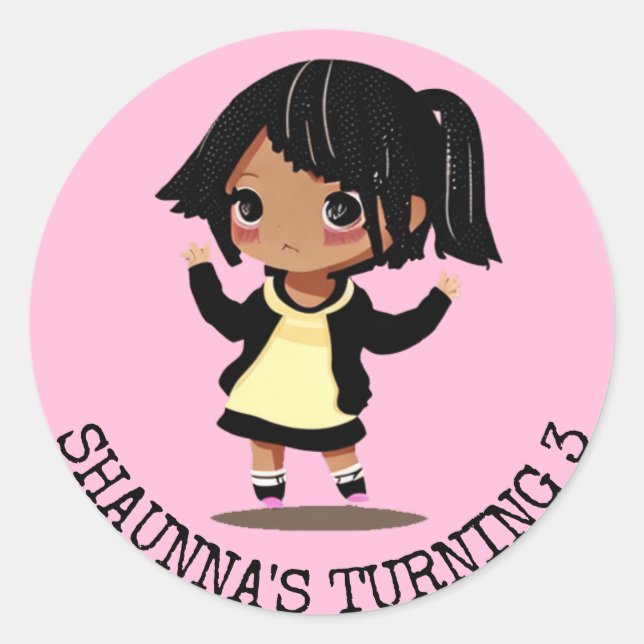 Personalised Little Cartoon Girl Pink Birthday Classic Round Sticker (Front)