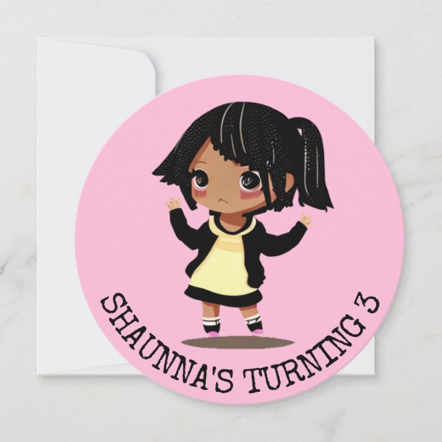 Personalised Little Cartoon Girl Pink Birthday Invitation (Front)