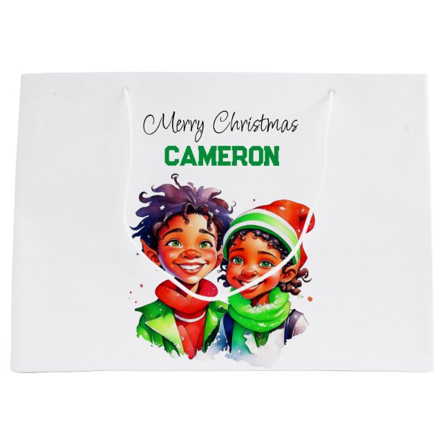 Personalised Little Elves Christmas Large Gift Bag (Front)