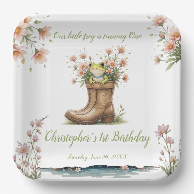 Personalised little frog Froggie 1st birthday Paper Plate (Front)