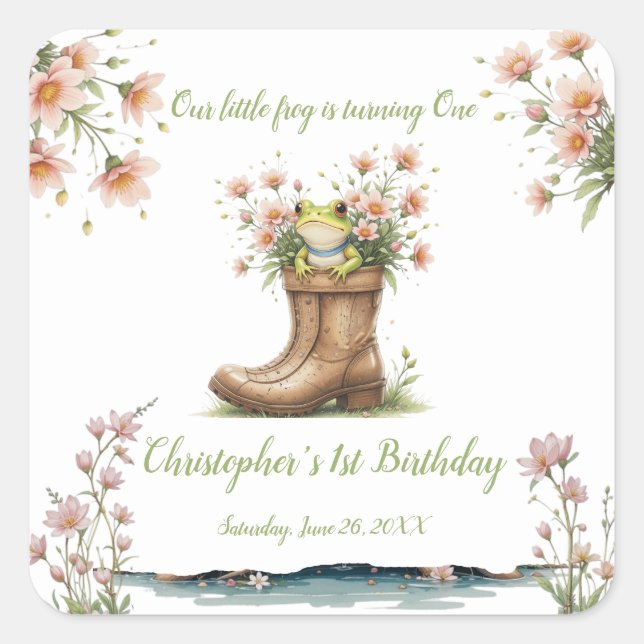 Personalised little frog Froggie 1st birthday Square Sticker (Front)