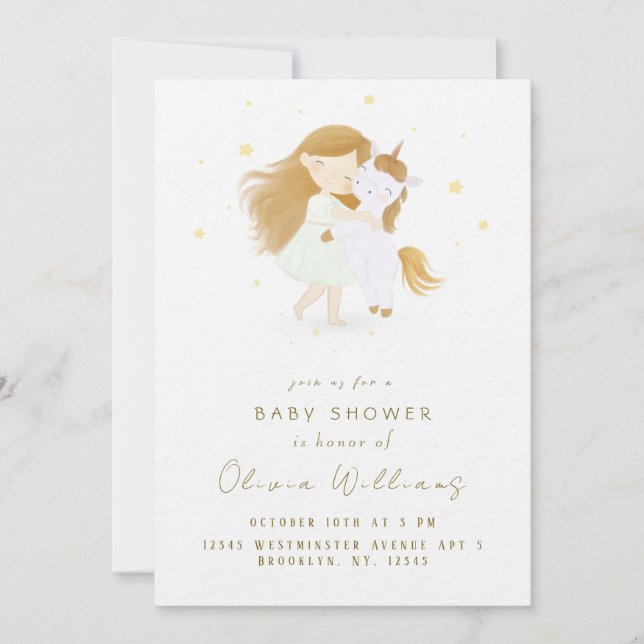 Personalised Little Girl a Unicorn Baby Shower Invitation (Front)