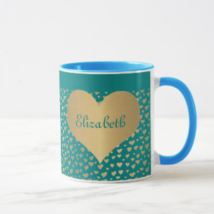 Personalised Little Gold Hearts on Teal Background Mug