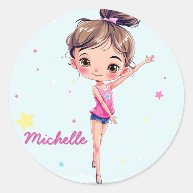 Personalised Little Gymnast Girl Christmas Pink Classic Round Sticker (Front)