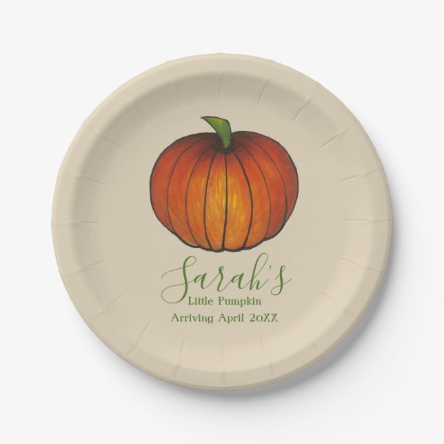 Personalised Little Pumpkin Autumn Baby Shower Paper Plate (Front)