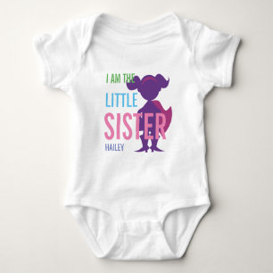 Personalised little sister superhero silhouette baby bodysuit