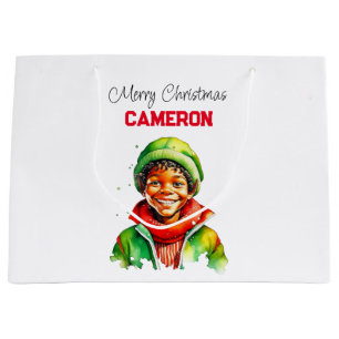 Personalised Little Vintage Boy Elf Christmas Large Gift Bag