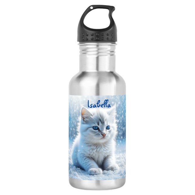 Personalised Little White Kitten in Snow 532 Ml Water Bottle (Front)