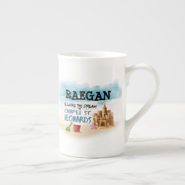 Personalised Living the Dream, Chapel St Leonards. Bone China Mug (Right)