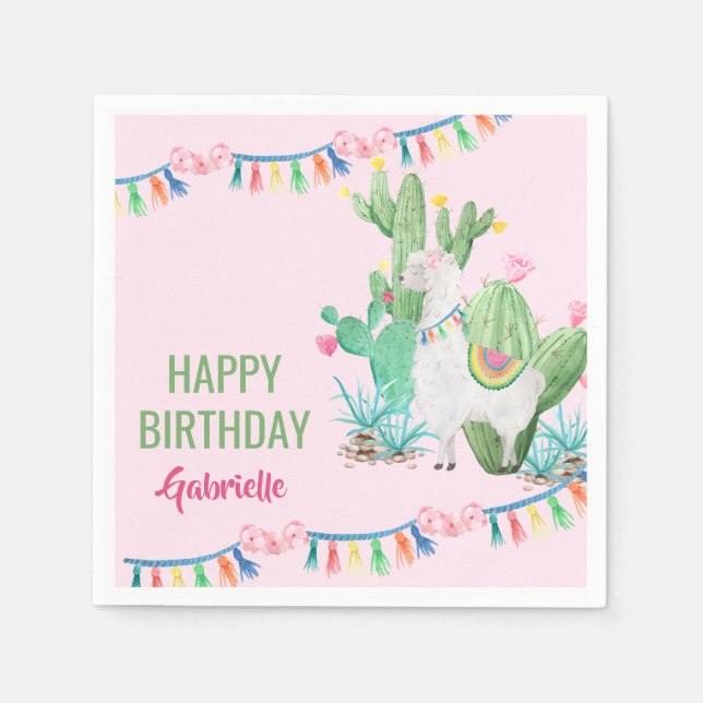 Personalised Llama and Cactus Girls Birthday Party Napkin (Front)