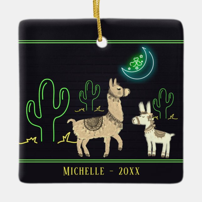 Personalised Llamas, Neon Moon and Cacti Christmas Ceramic Ornament (Front)
