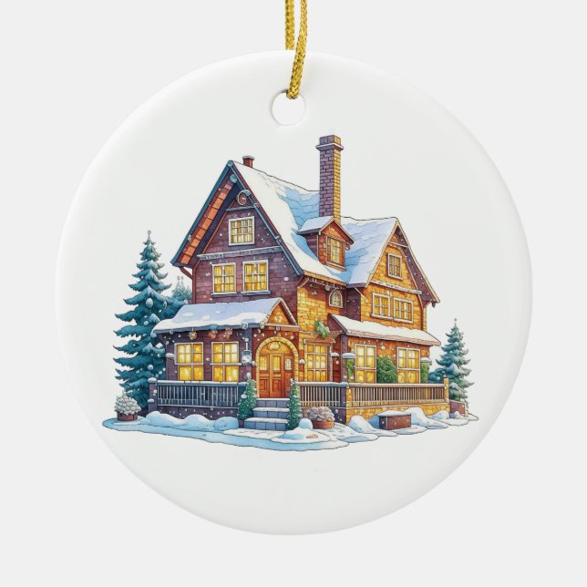 Personalised Log Cabin Christmas Ceramic Tree Decoration (Front)