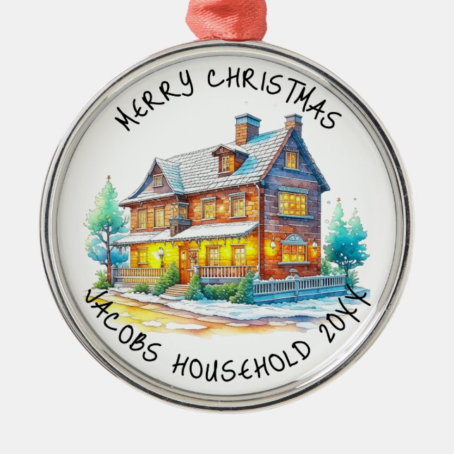 Personalised Log Cabin Christmas Metal Tree Decoration (Front)