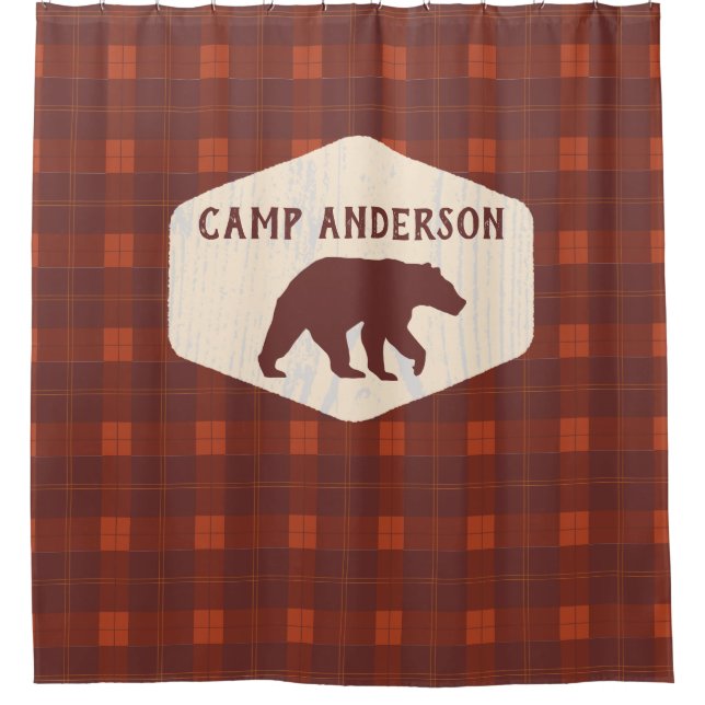 Personalised Log Cabin Rust Red Plaid Pattern Shower Curtain (Front)