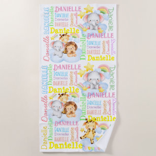 Personalised long girls name with baby animals  beach towel
