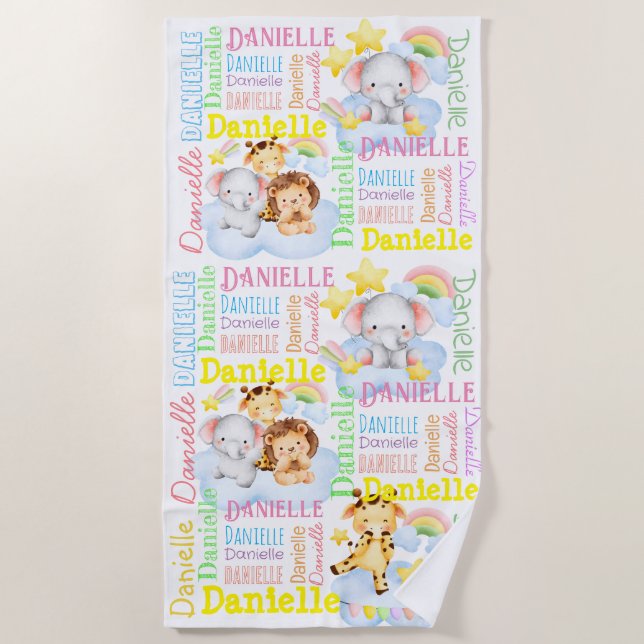 Personalised long girls name with baby animals  beach towel (Front)