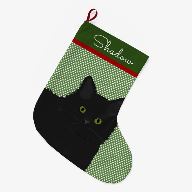 Personalised Long Hair Black Cat Large Christmas Stocking (Front (Hanging))