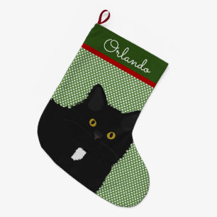 Personalised Long Hair Yellow Eyes Black Cat Large Christmas Stocking