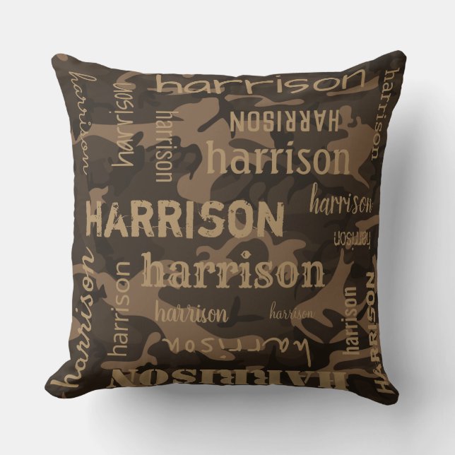 Personalised Longer Name Brown Camo Cushion (Front)
