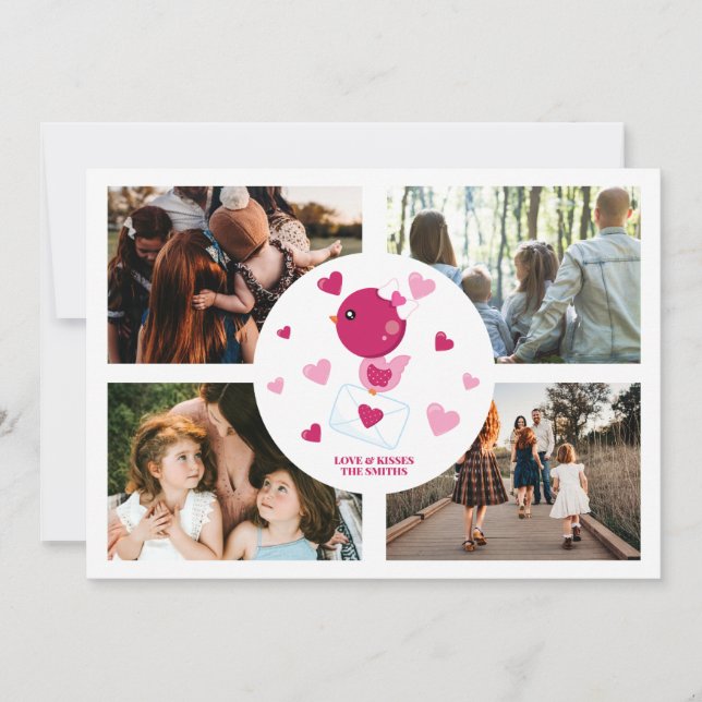Personalised Love Bird 4 Photo Collage Valentine's Holiday Card (Front)